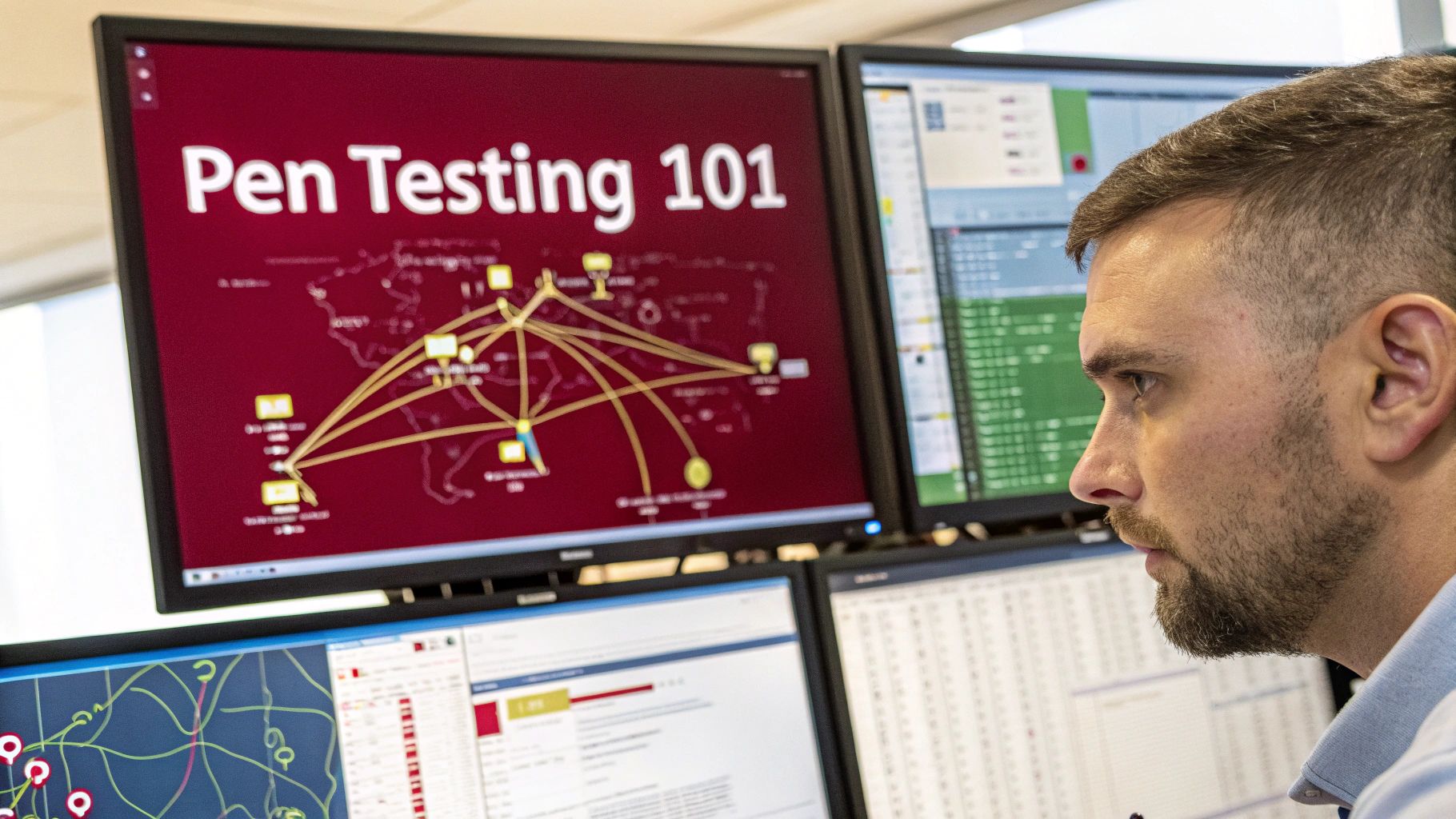 A cybersecurity expert analysing data on multiple computer screens