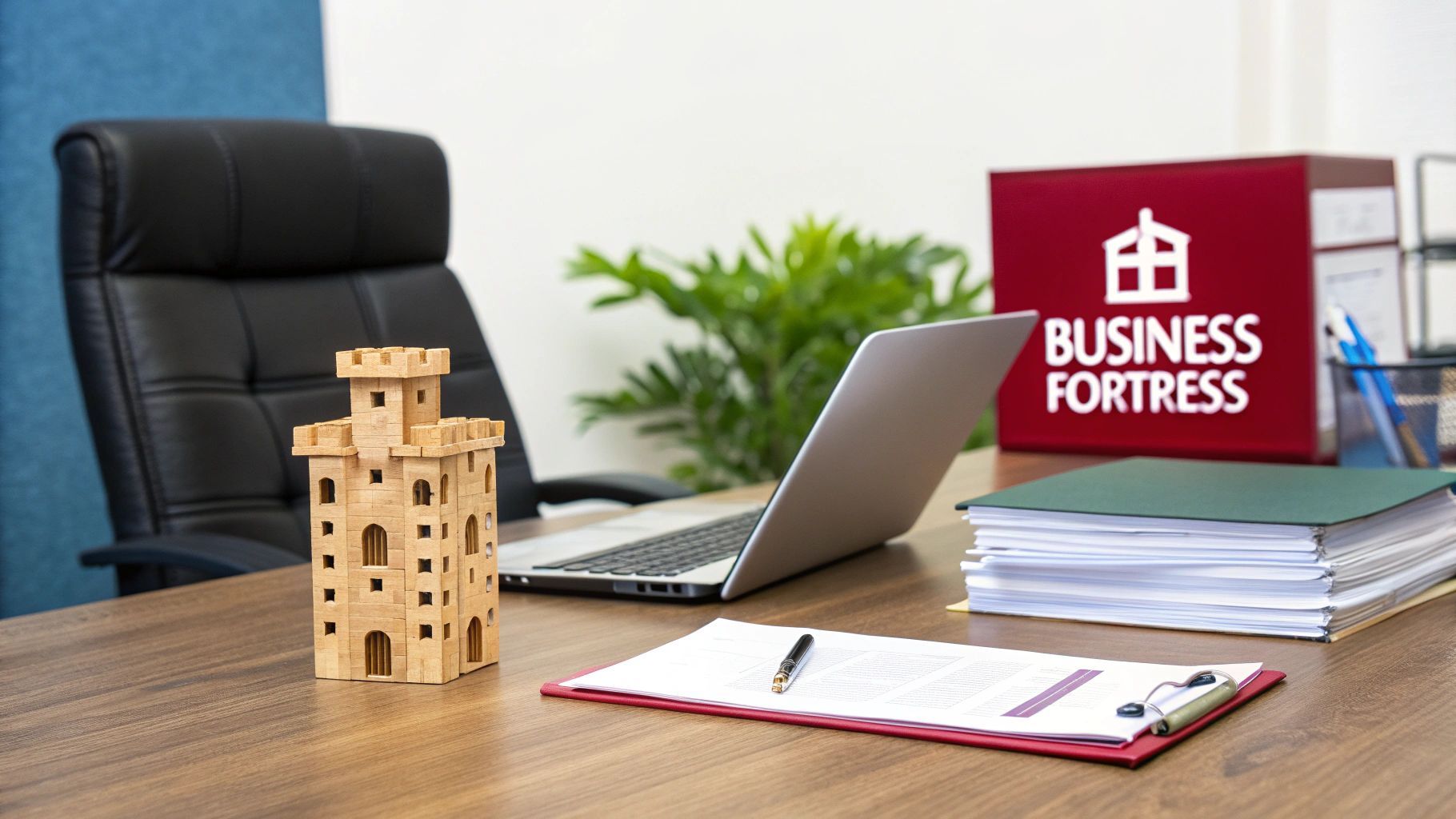 A wooden castle model and laptop on a business desk with 'BUSINESS FORTRESS' sign.