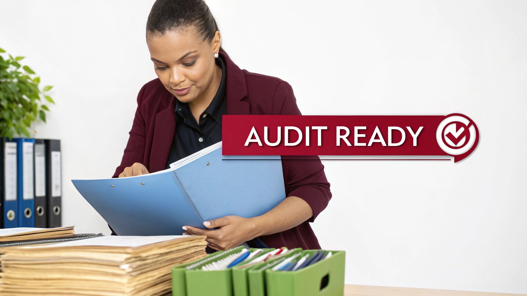 A professional auditor reviewing documents with a team, symbolizing the ISO 27001 audit process.