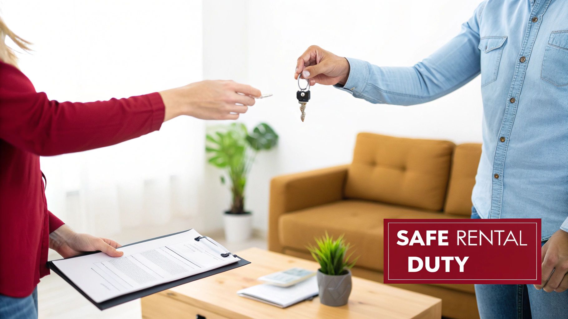 Two people exchanging keys in a modern living room, one holding a rental agreement.