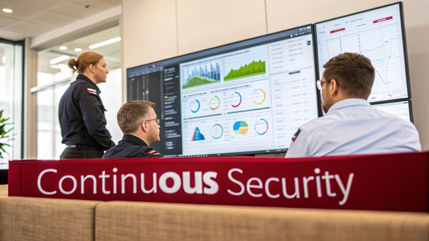Security analysts observe data on multiple large screens in a control room with 'Continuous Security' banner.