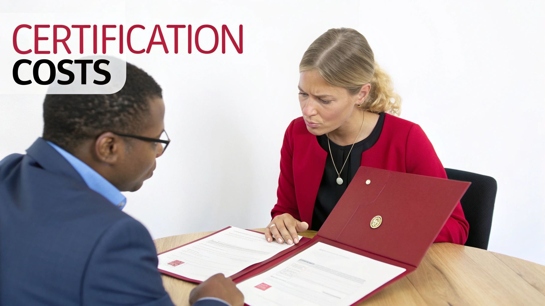 Two professionals, a man and a woman, seriously reviewing certification documents at a wooden table.