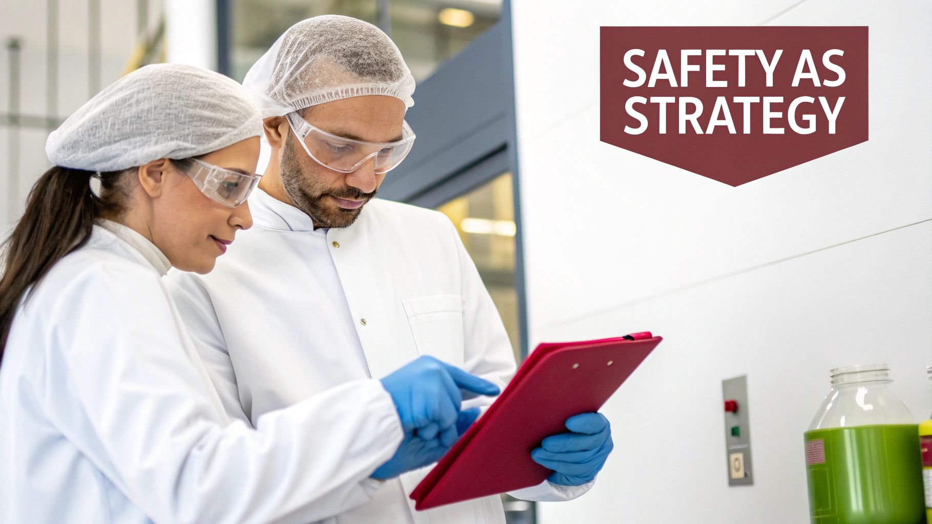 Two scientists in PPE review data on a clipboard, embodying 'Safety as Strategy' in a lab.