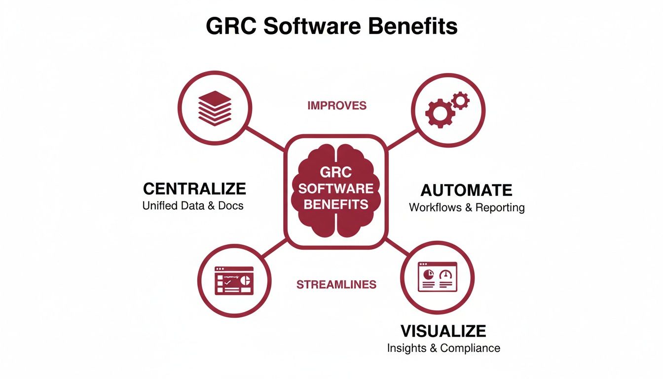 Diagram showing GRC software benefits: centralizing data, automating workflows, visualizing insights, and streamlining compliance.