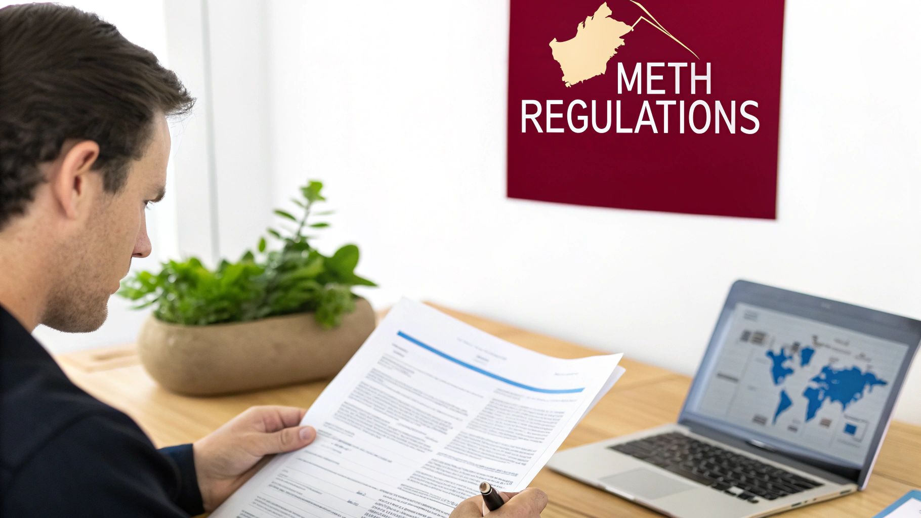 Man reviewing documents at a desk, with a laptop and a 'METH REGULATIONS' sign on the wall.