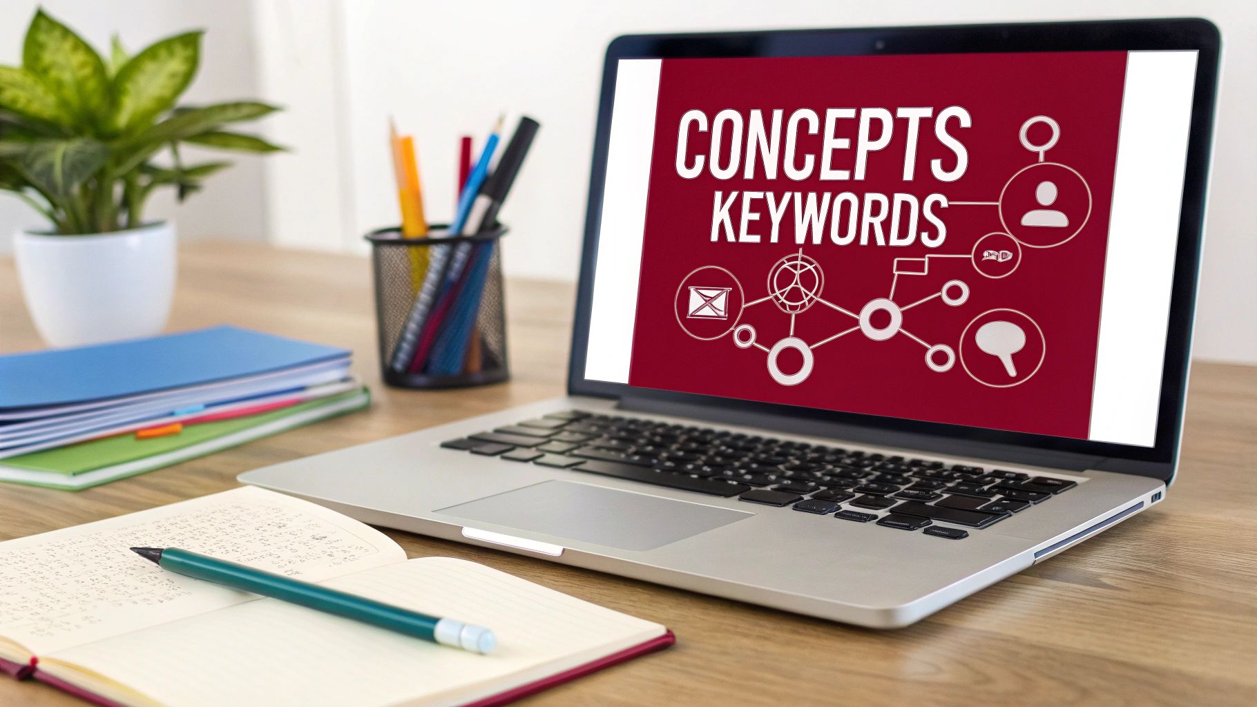 A laptop screen displays 'CONCEPTS KEYWORDS' with a network diagram, surrounded by office supplies on a desk.