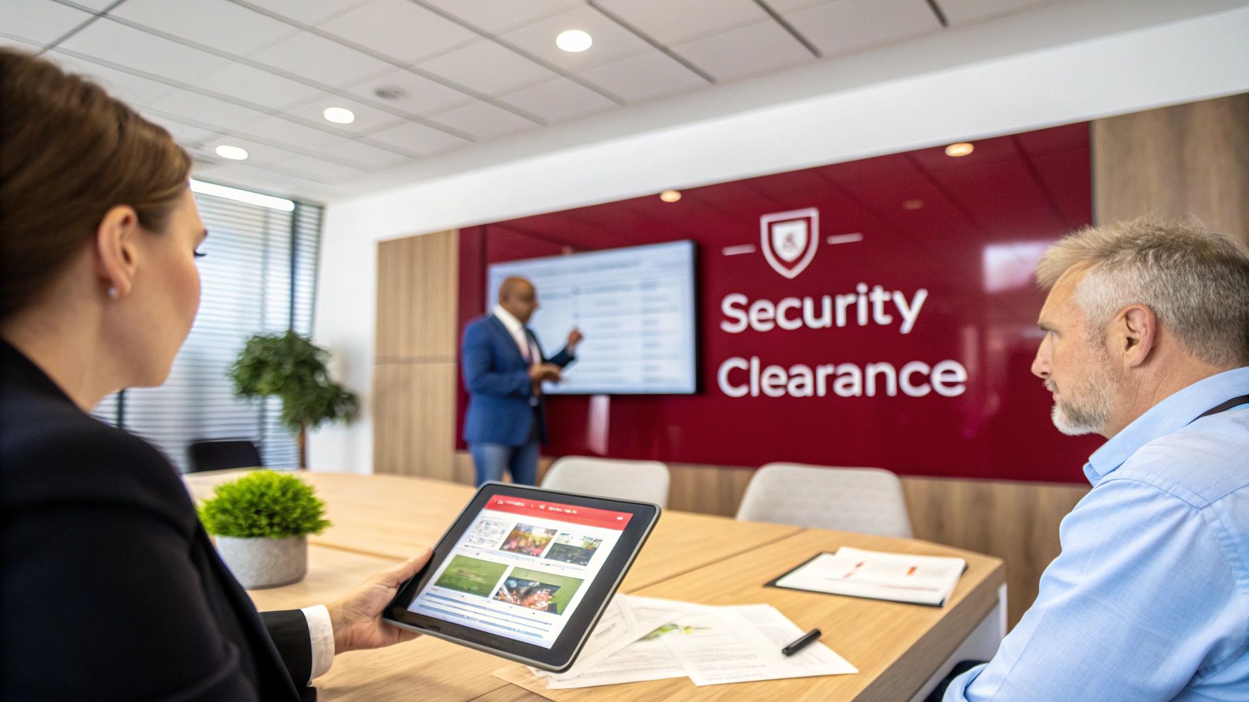 A professional team collaborating on a security plan in a modern office, representing DESE ISMS certification readiness.
