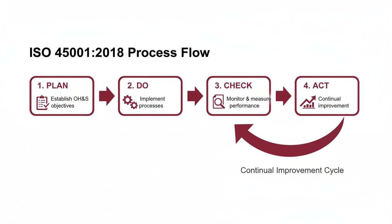 ISO 45001:2018 Process Flow diagram illustrating the Plan-Do-Check-Act continual improvement cycle.