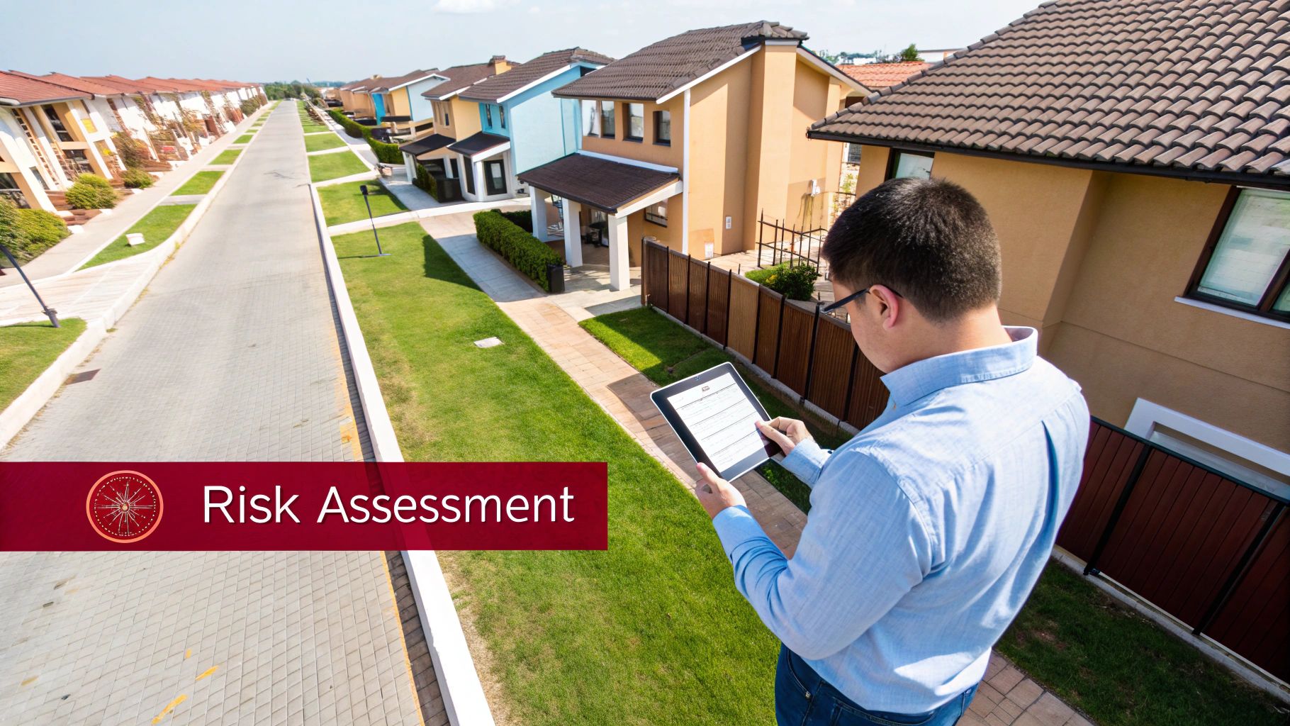 Man with tablet performs a risk assessment on a property in a modern neighborhood.
