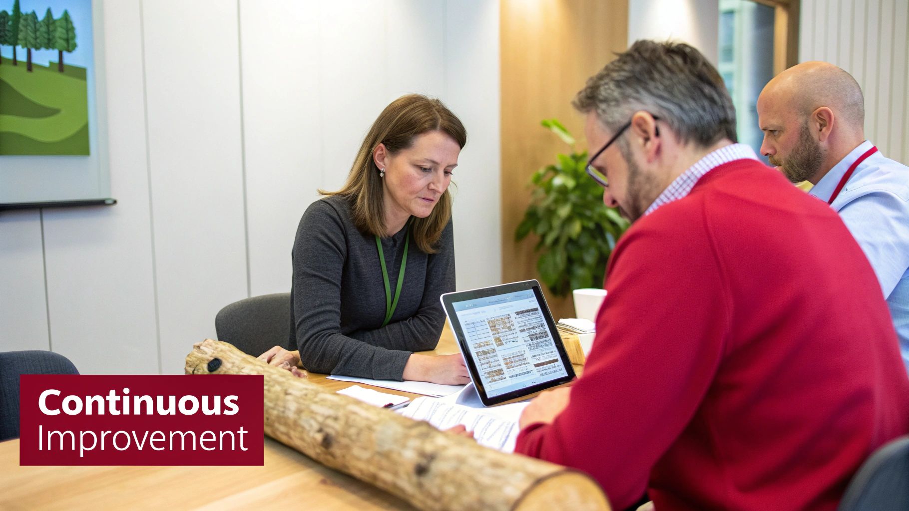 Three colleagues collaborate, reviewing data on a tablet during a business meeting in an office.
