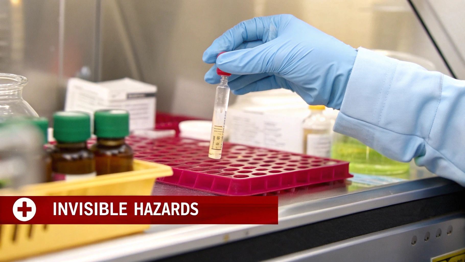 A gloved hand holds a sample vial in a laboratory setting, with text 'INVISIBLE HAZARDS'.