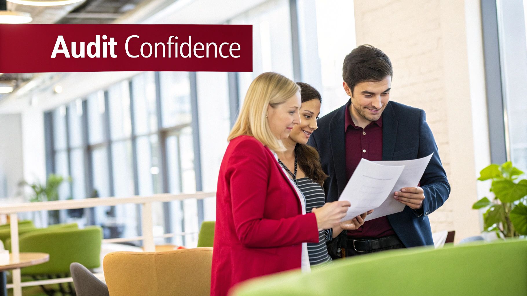 An auditor reviewing documents with a business professional in a calm, collaborative office environment, representing a smooth ISO 27001 audit.