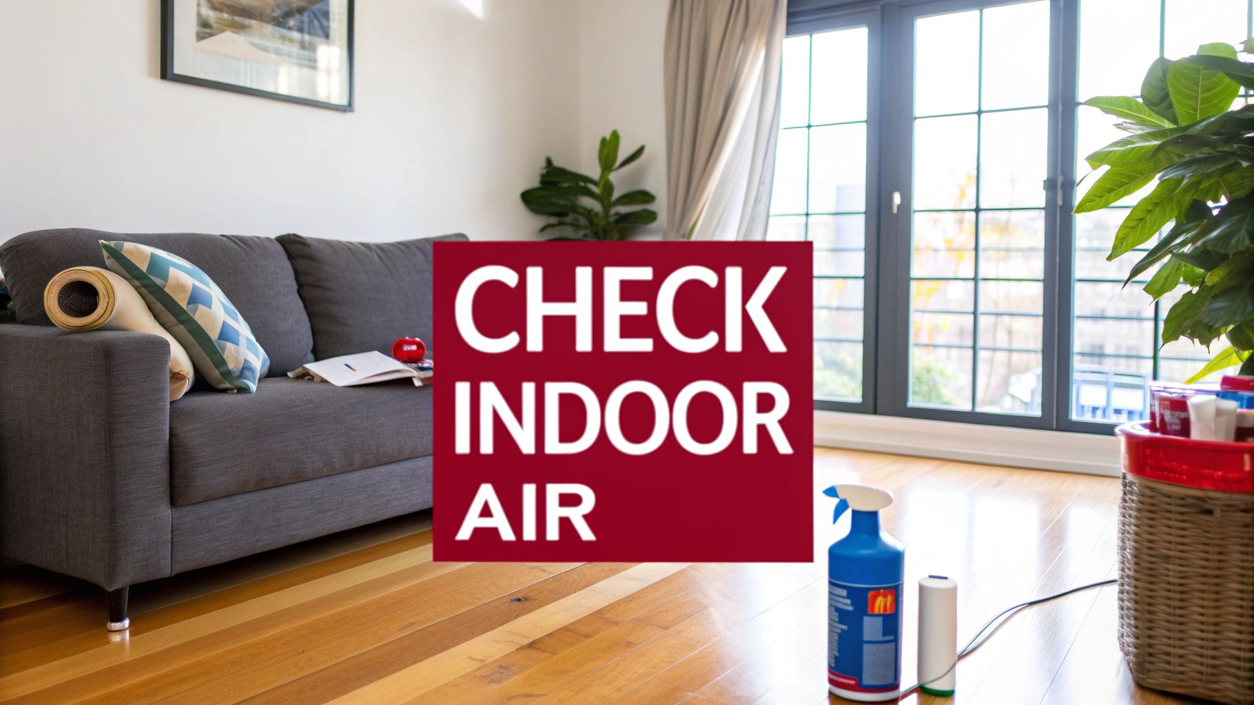 A modern, clean living room with large windows, illustrating an ideal indoor environment that could still have hidden air quality issues.