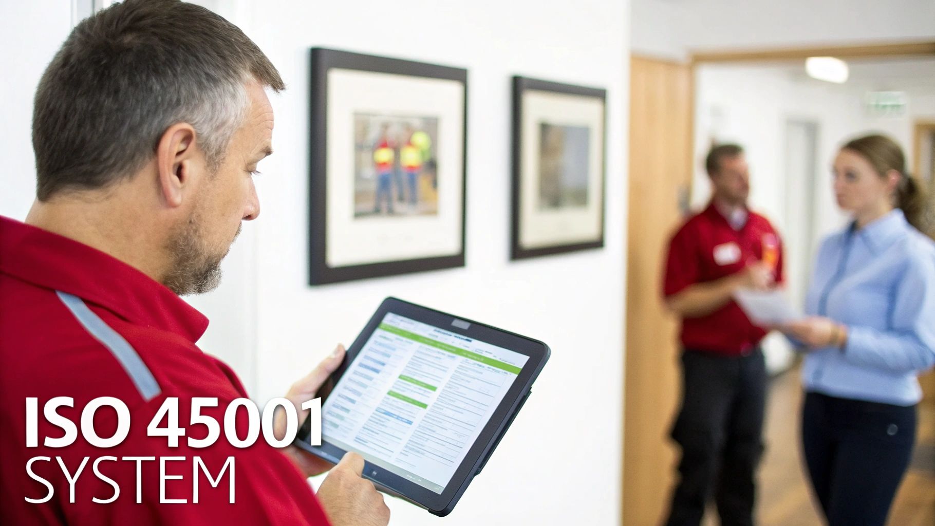 Man in red shirt reviewing ISO 45001 safety system on a tablet in an office setting.