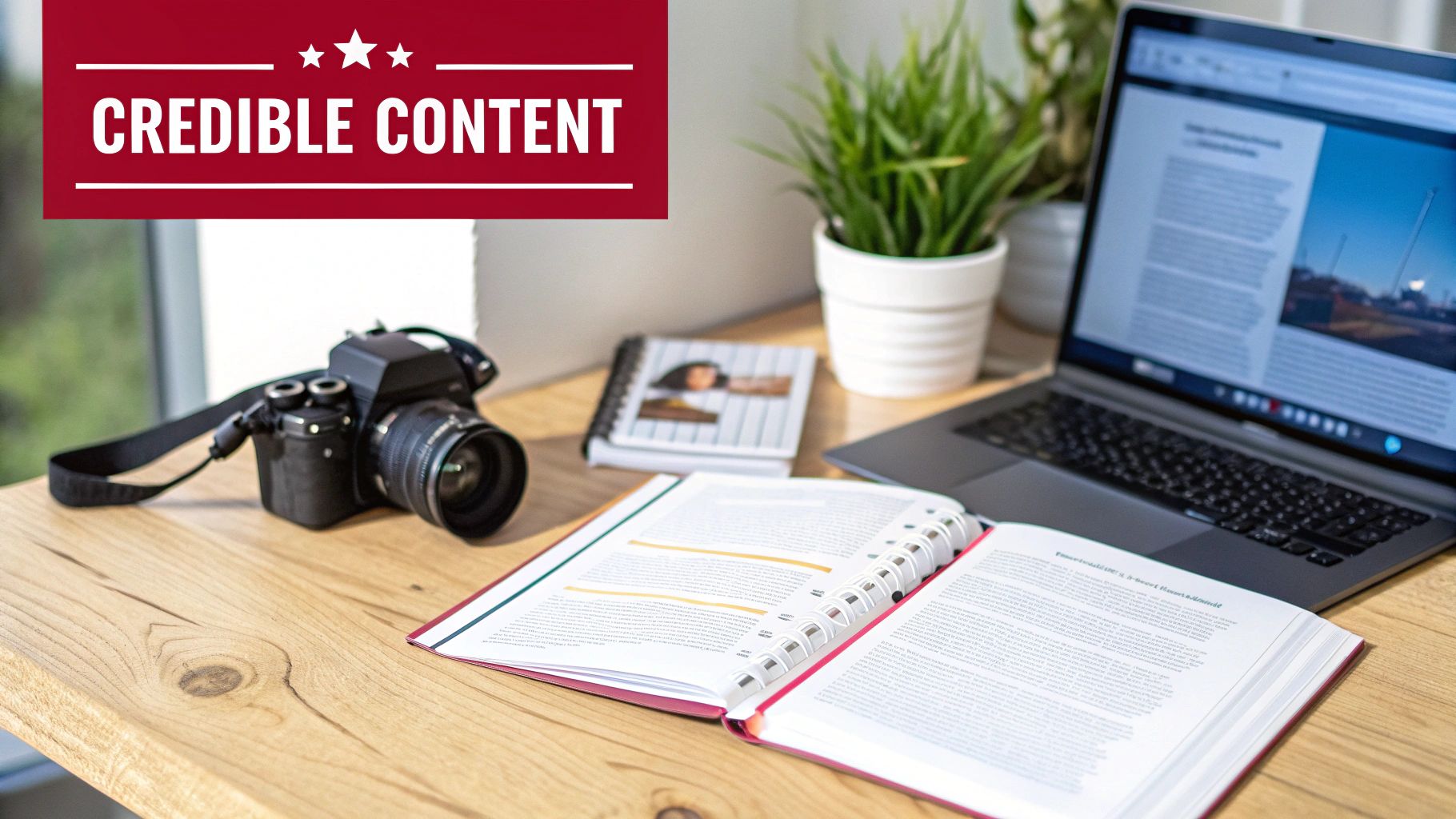 A professional desk setup featuring a camera, laptop, open books, and a plant, emphasizing 'CREDIBLE CONTENT'.