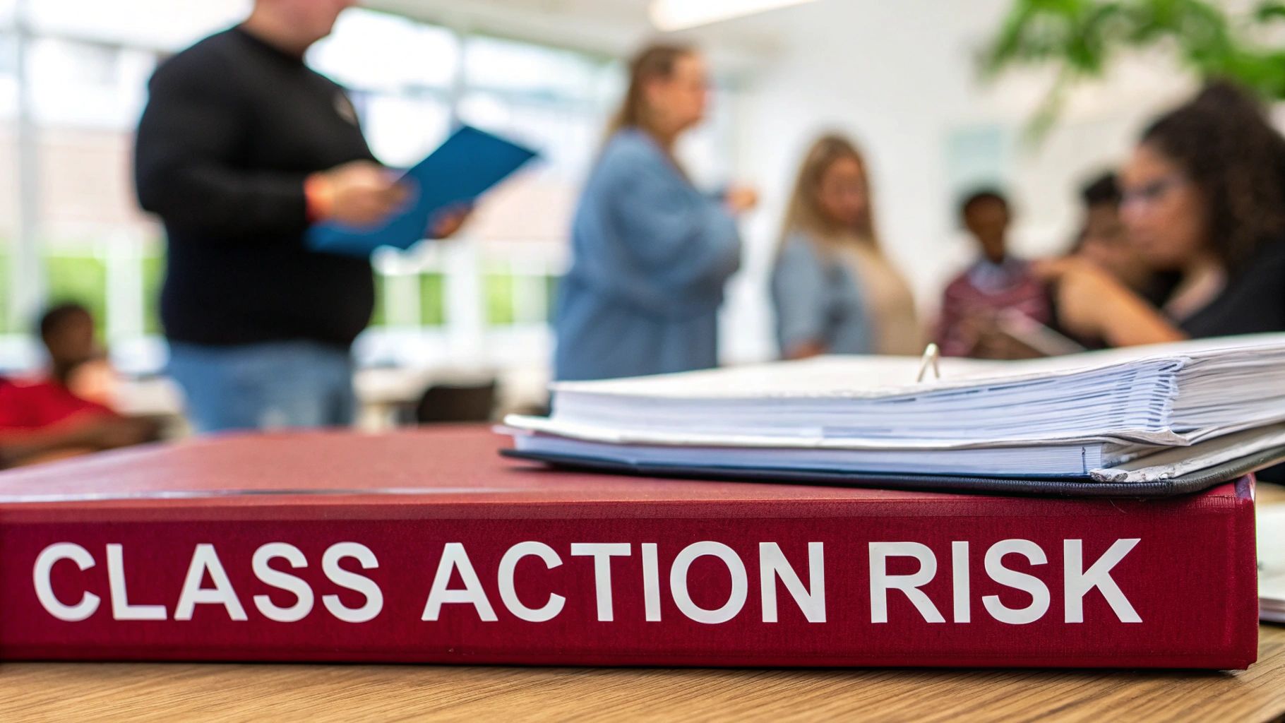 A red binder labeled 'CLASS ACTION RISK' prominently displayed on a table in a blurred office setting.