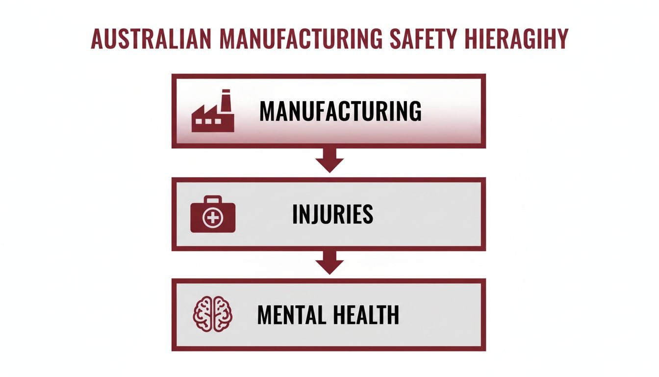 Flowchart showing the Australian manufacturing safety hierarchy from manufacturing to injuries to mental health.