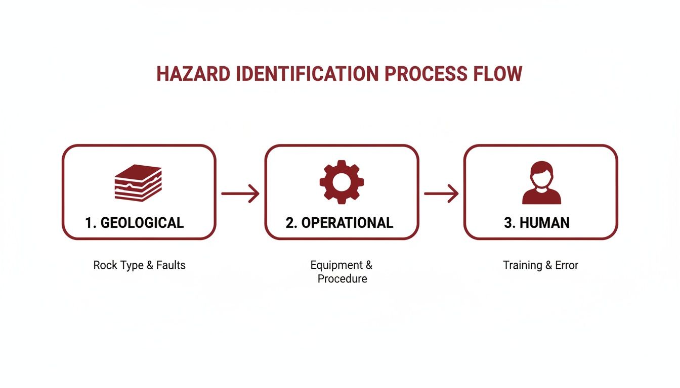 A hazard identification process flow diagram showing geological, operational, and human factors contributing to hazards.