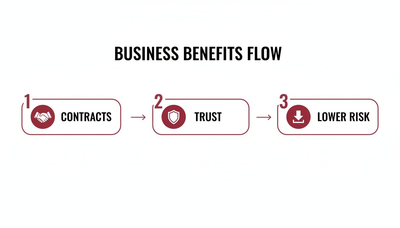 Flowchart showing business benefits: contracts lead to trust, which leads to lower risk.