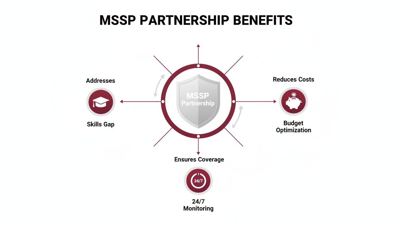 Diagram illustrating MSSP partnership benefits, including addressing skills gaps, reducing costs, and 24/7 monitoring.