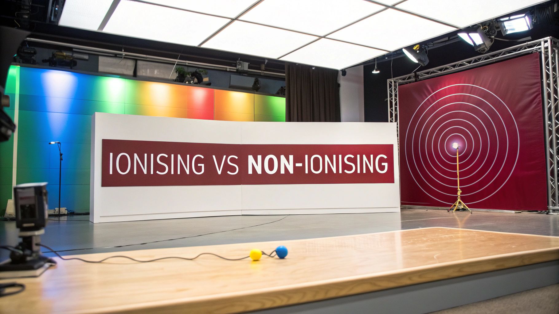 A modern studio set featuring a large sign that reads 'IONISING VS NON-IONISING'.