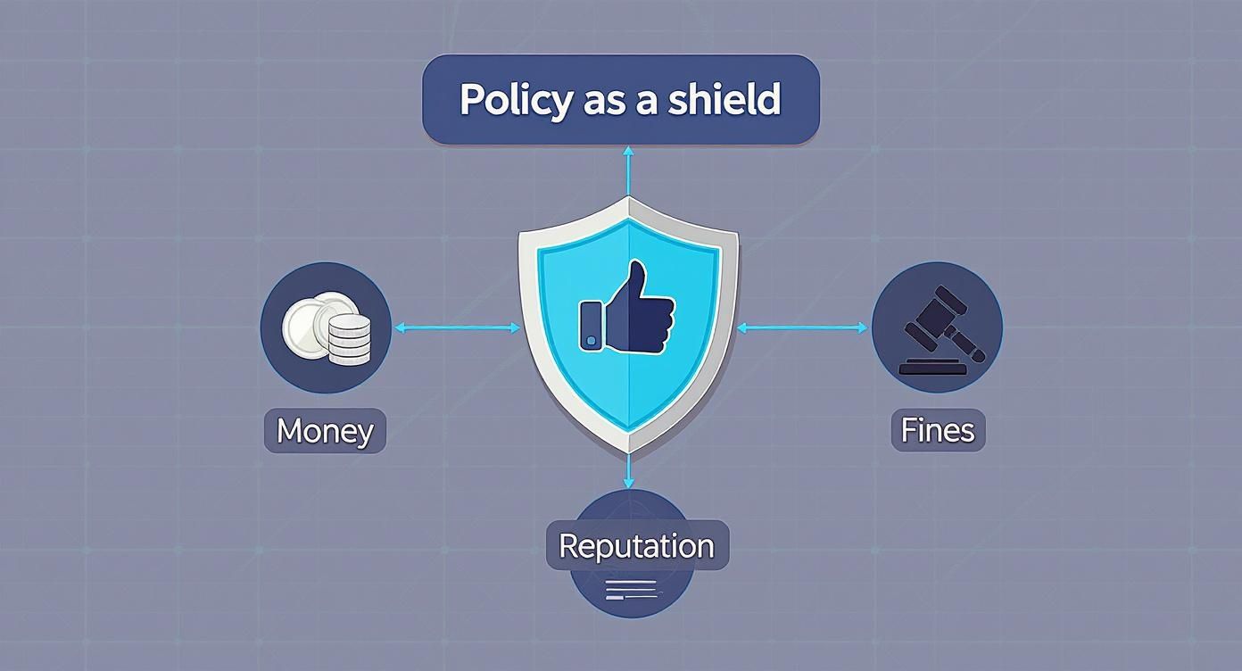 An infographic showing a policy as a shield protecting against money loss, fines, and reputation damage.