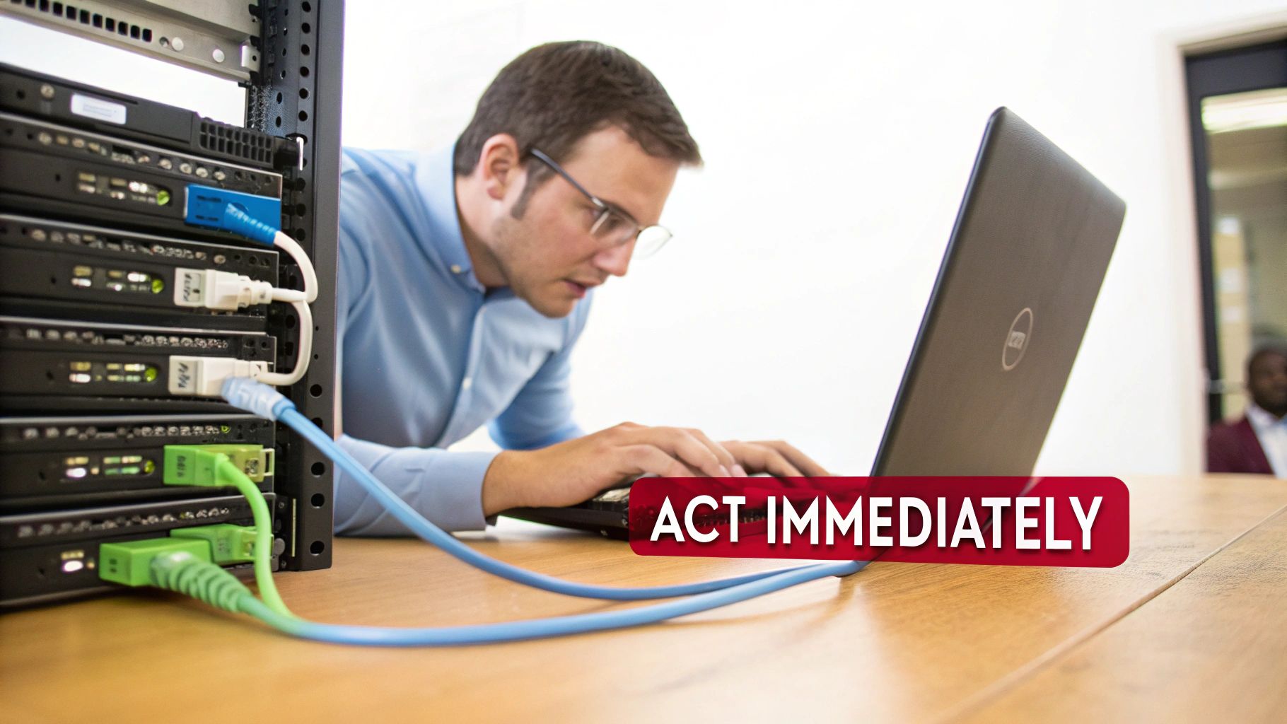 A technician responding to an incident in a server room, highlighting the need for a plan.