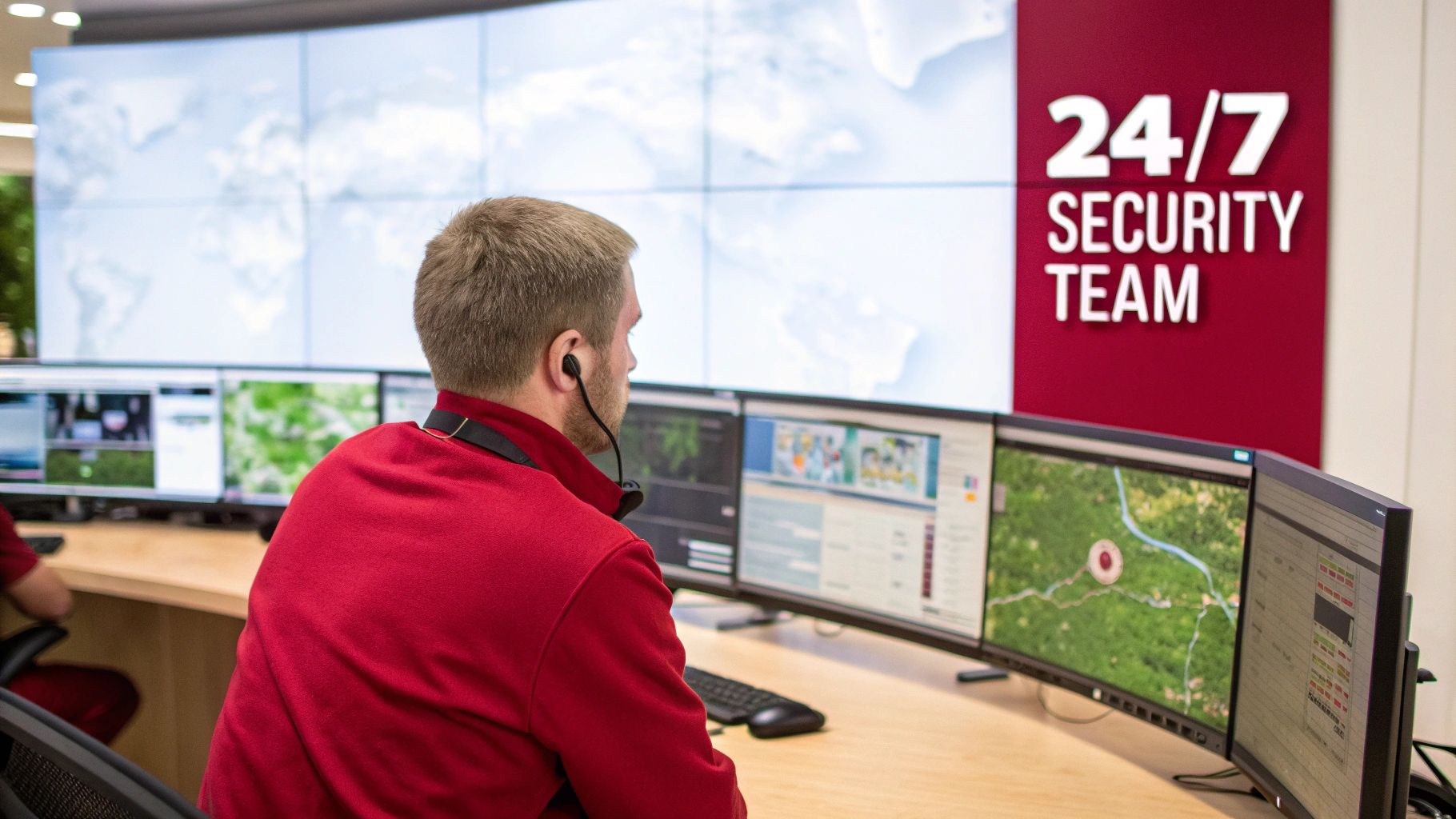 A security professional in a red shirt monitors multiple screens in a 24/7 control room.