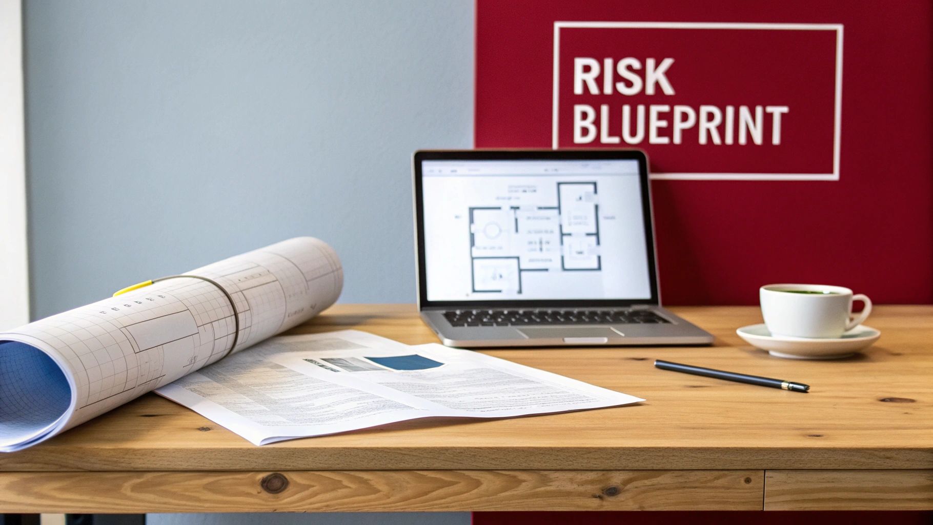 A desk with blueprints, a laptop showing a floor plan, coffee, and a 'Risk Blueprint' sign.