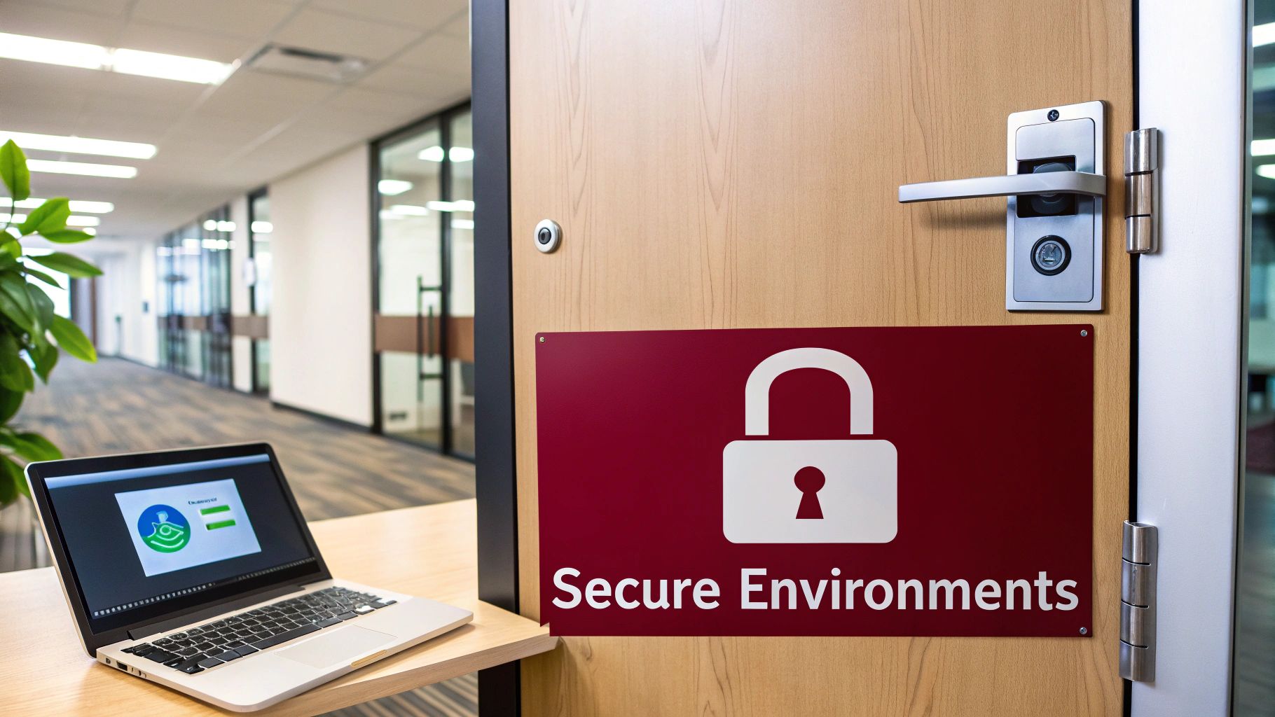 A laptop on a desk in an office hallway next to a door with a 'Secure Environments' sign.
