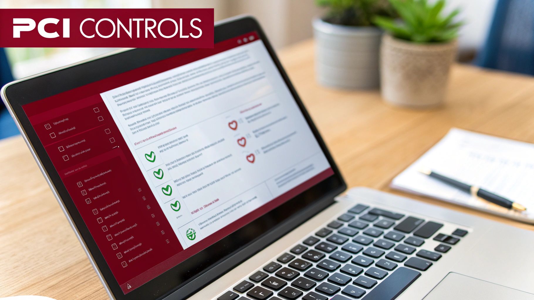 Laptop screen displaying a PCI controls checklist on a wooden desk, signifying compliance tasks.