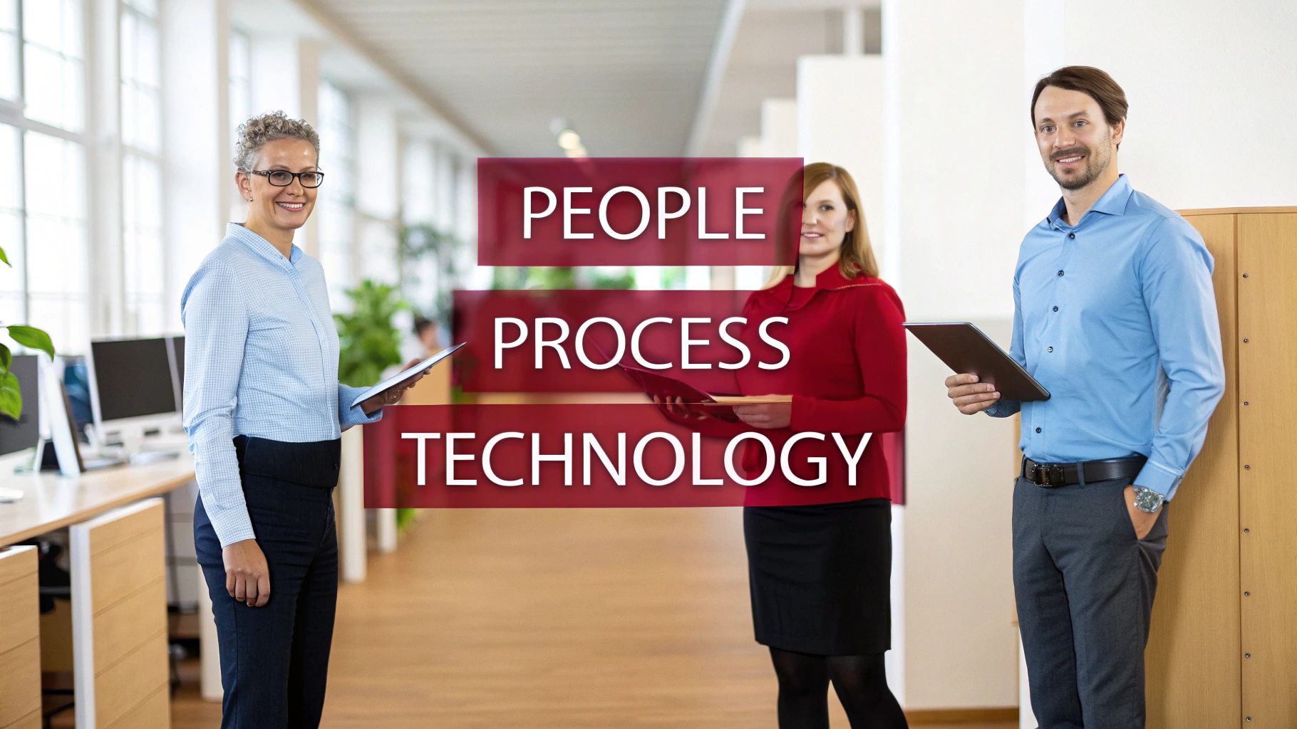 Smiling business professionals in an office discussing 'PEOPLE PROCESS TECHNOLOGY' on tablets, demonstrating strategy.