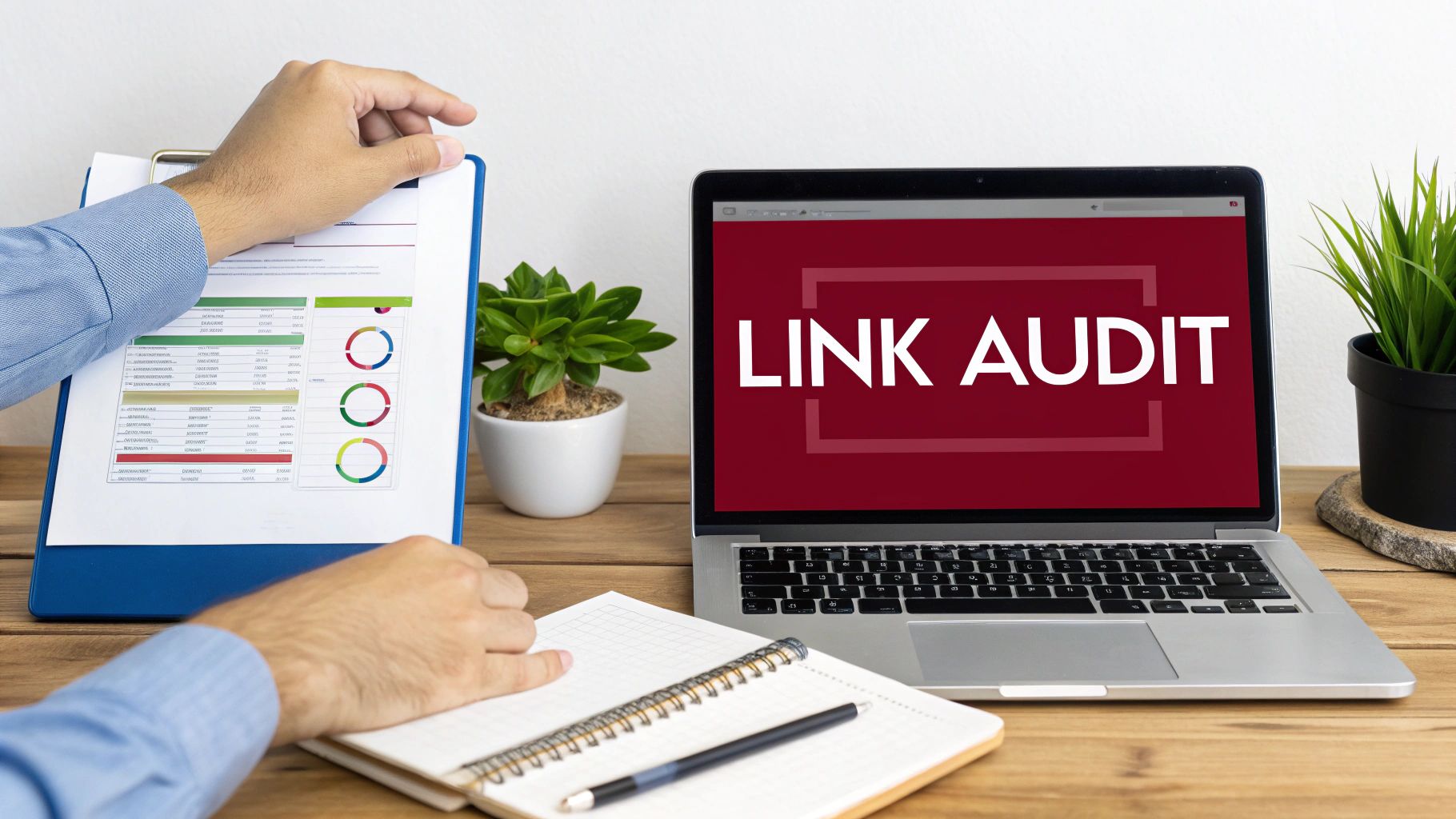 A person reviews a document with charts and data, while a laptop screen displays 'LINK AUDIT'.