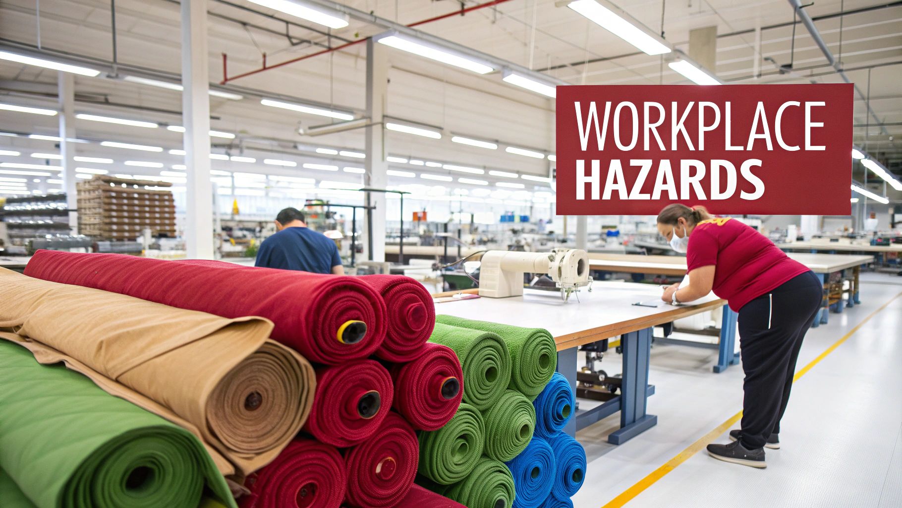 Textile factory showing fabric rolls, workers, and a "WORKPLACE HAZARDS" sign, emphasizing safety.