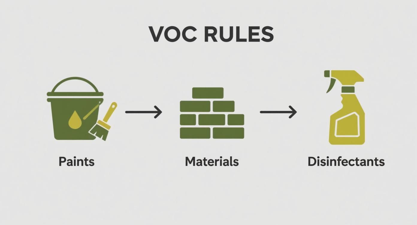 Infographic showing the process flow of Australian VOC rules for paints, materials, and disinfectants.