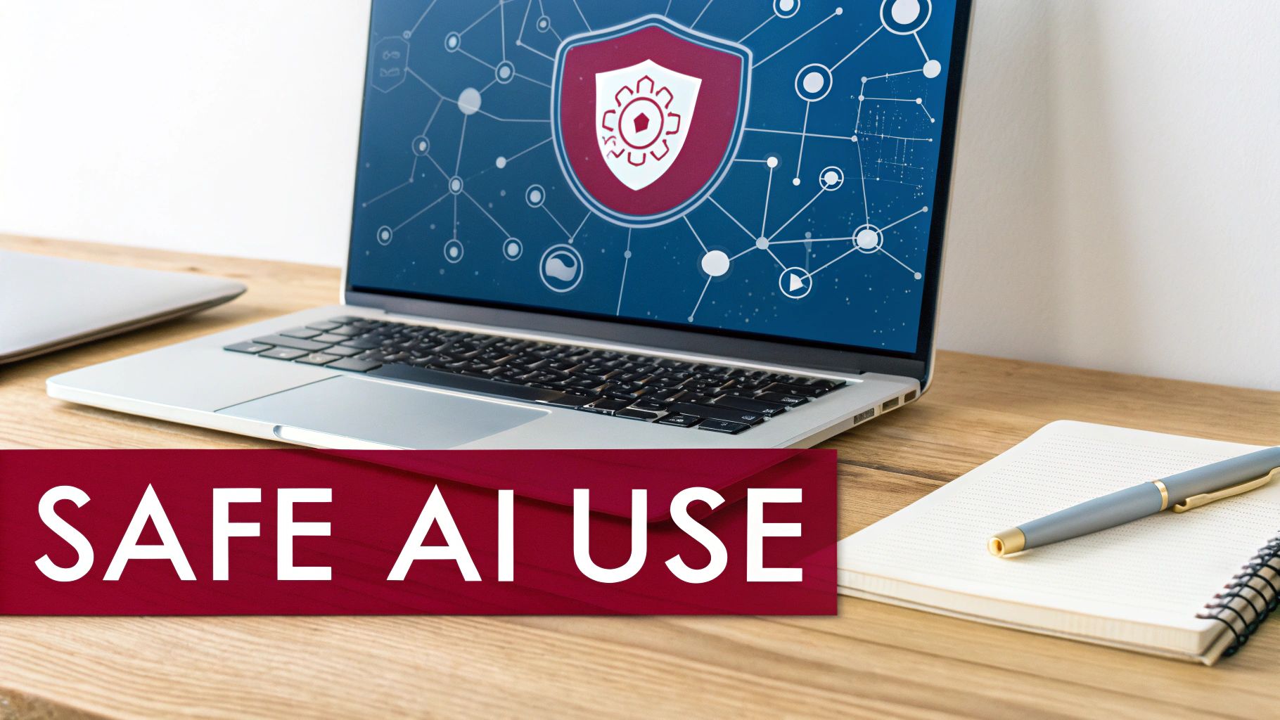 Laptop with AI security shield icon and 'SAFE AI USE' banner, next to a notebook and pen.