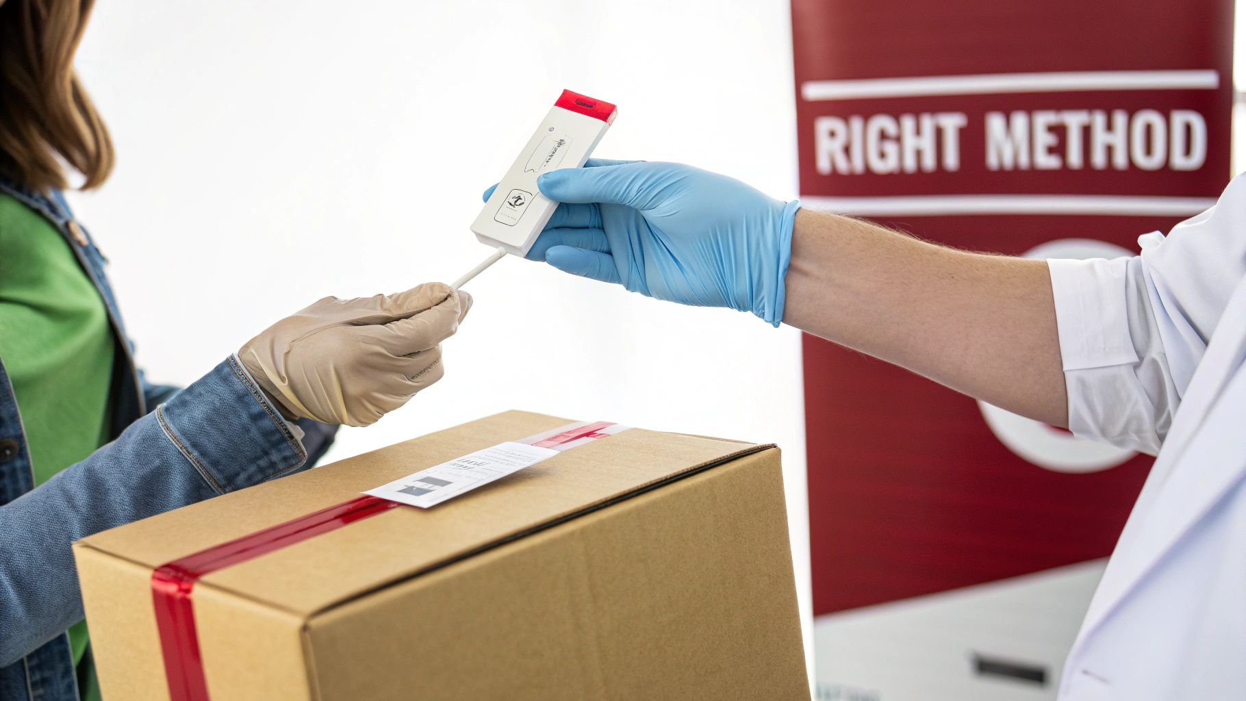 Two people in gloves exchange a rapid swab test kit over a package, emphasizing proper method.