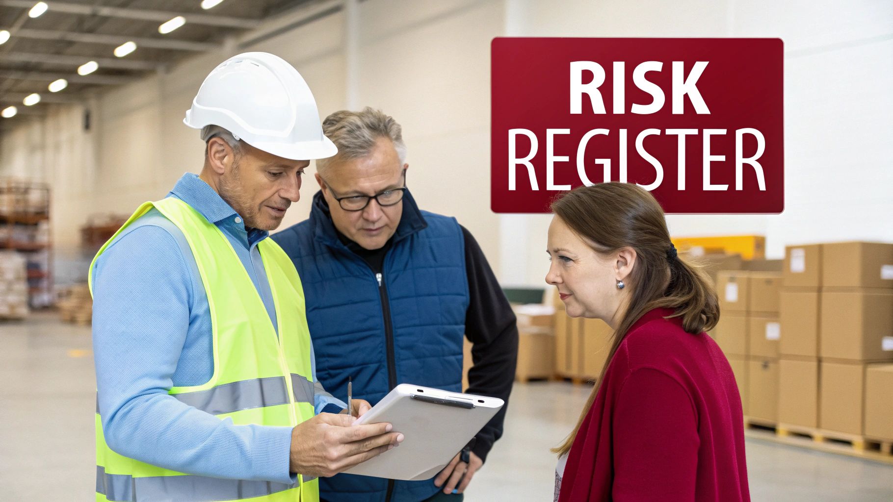 Three professionals, including a safety officer, discuss a risk register in a warehouse setting.