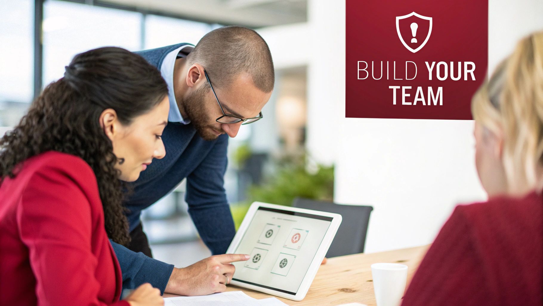 Two diverse colleagues collaborate intently on a tablet, building a team, in a bright office.
