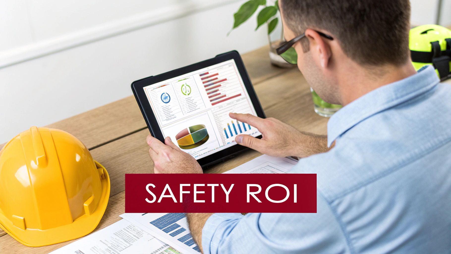 A man reviews safety ROI data on a tablet, with a hard hat nearby, symbolizing workplace safety analytics.