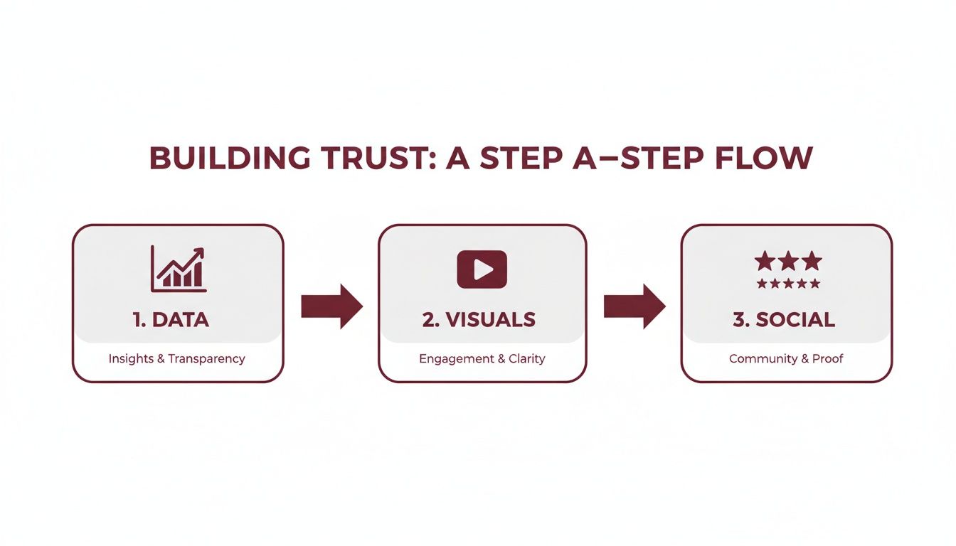 Flowchart illustrating building trust through data, visuals, and social engagement with arrows.