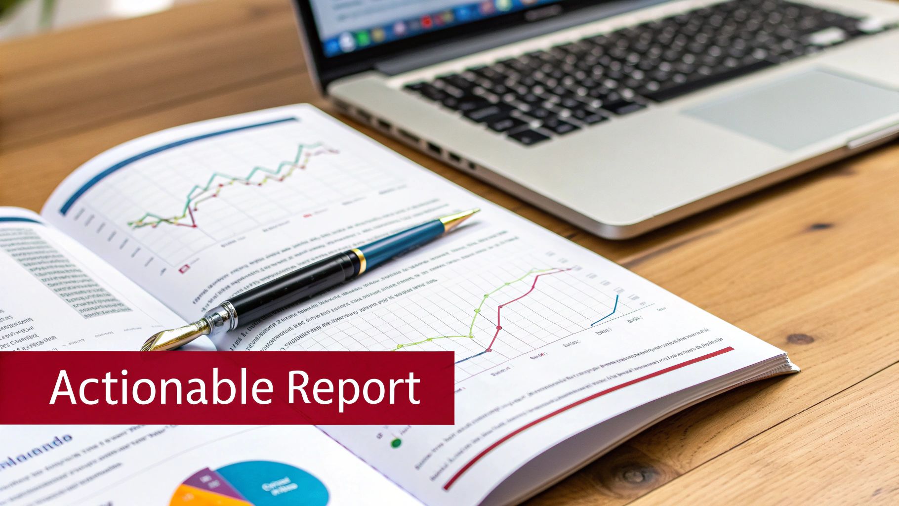 An open report with financial graphs, a fountain pen, and a laptop on a wooden desk, emphasizing data analysis.