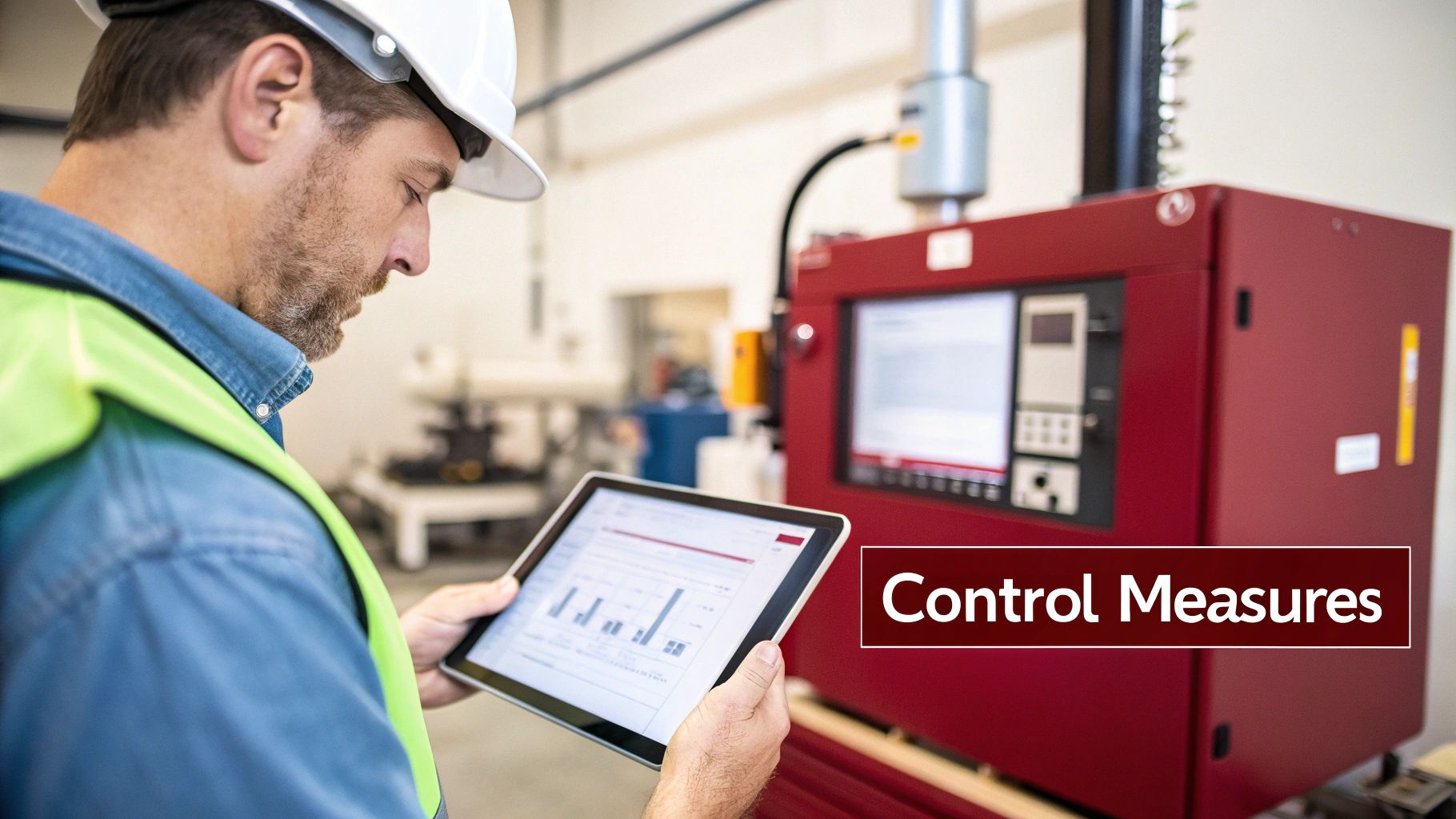 A man in a hard hat and safety vest examining data on a tablet near industrial machinery with 'Control Measures' text.