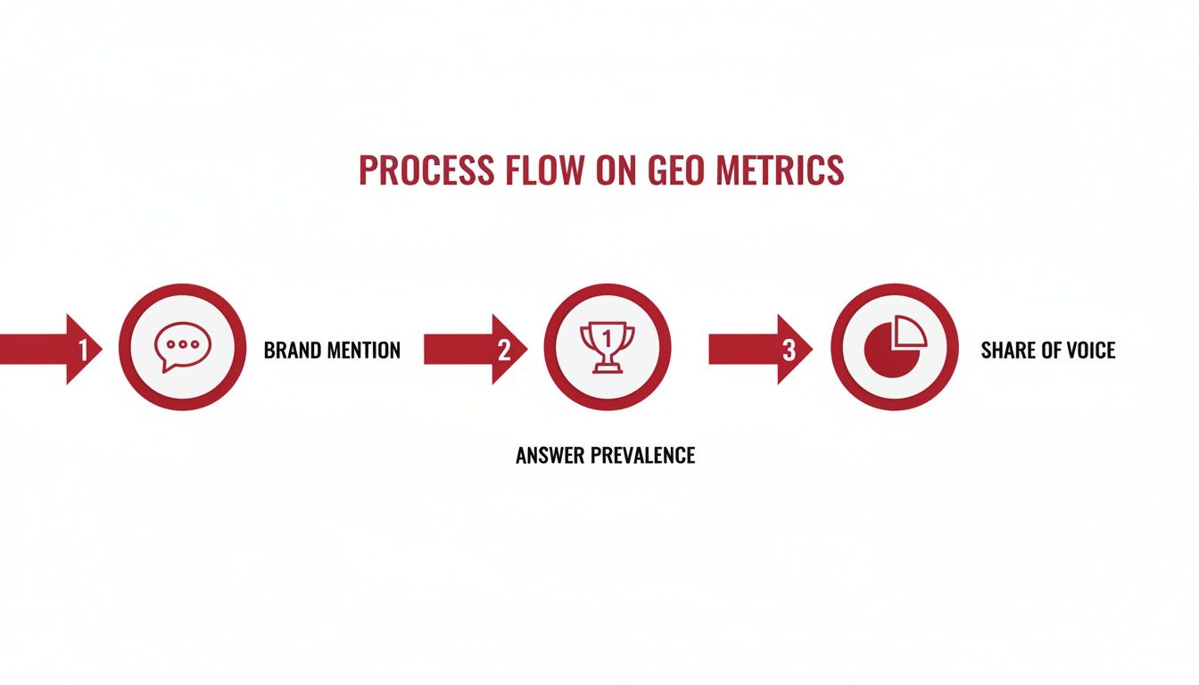 Process flow diagram for geo metrics, showing brand mention, answer prevalence, and share of voice.