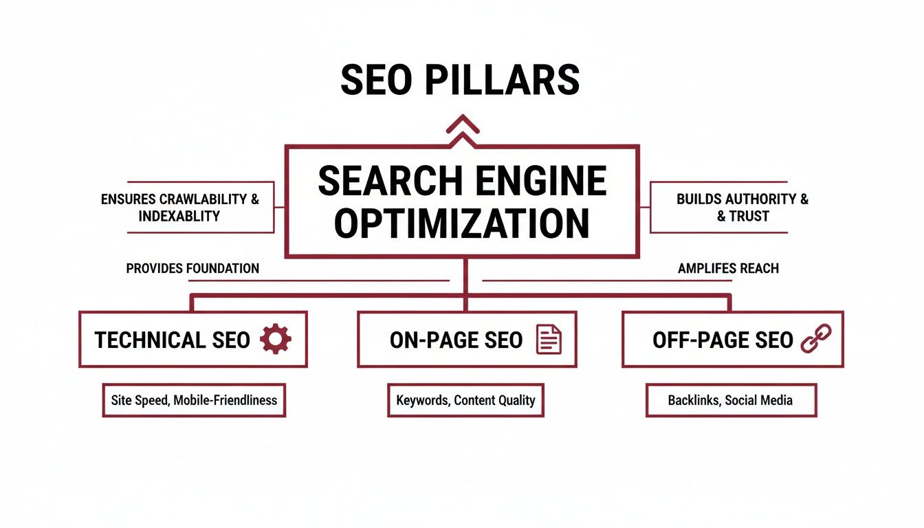 A diagram outlining SEO pillars: Technical, On-Page, and Off-Page optimization, with their components and benefits.