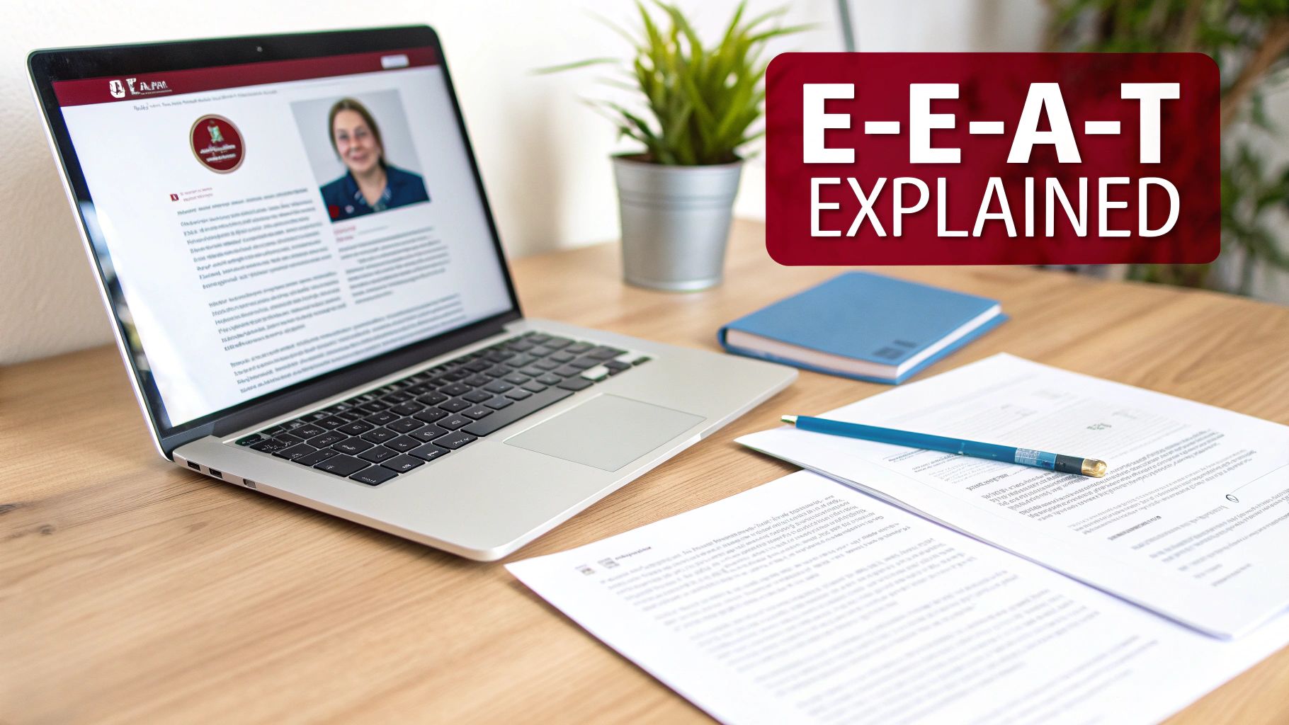 A laptop, papers, and a potted plant on a wooden desk. A red overlay highlights 'E-E-A-T Explained'.