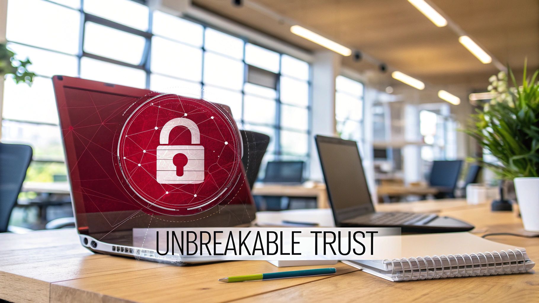 A team collaborating on a security strategy in a modern office, symbolizing the importance of ISO 27001.