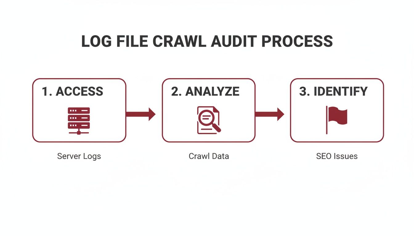 Log file crawl audit process showing steps: access server logs, analyze crawl data, identify SEO issues.