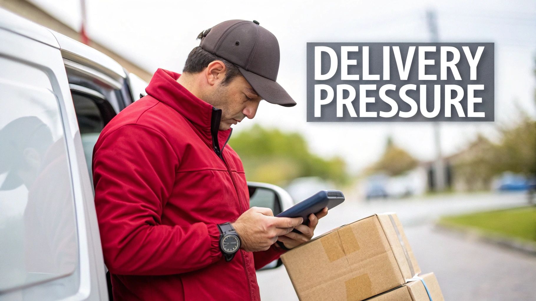 A delivery driver in a red jacket and cap checks a handheld device, leaning on a white van with packages, under text "DELIVERY PRESSURE".