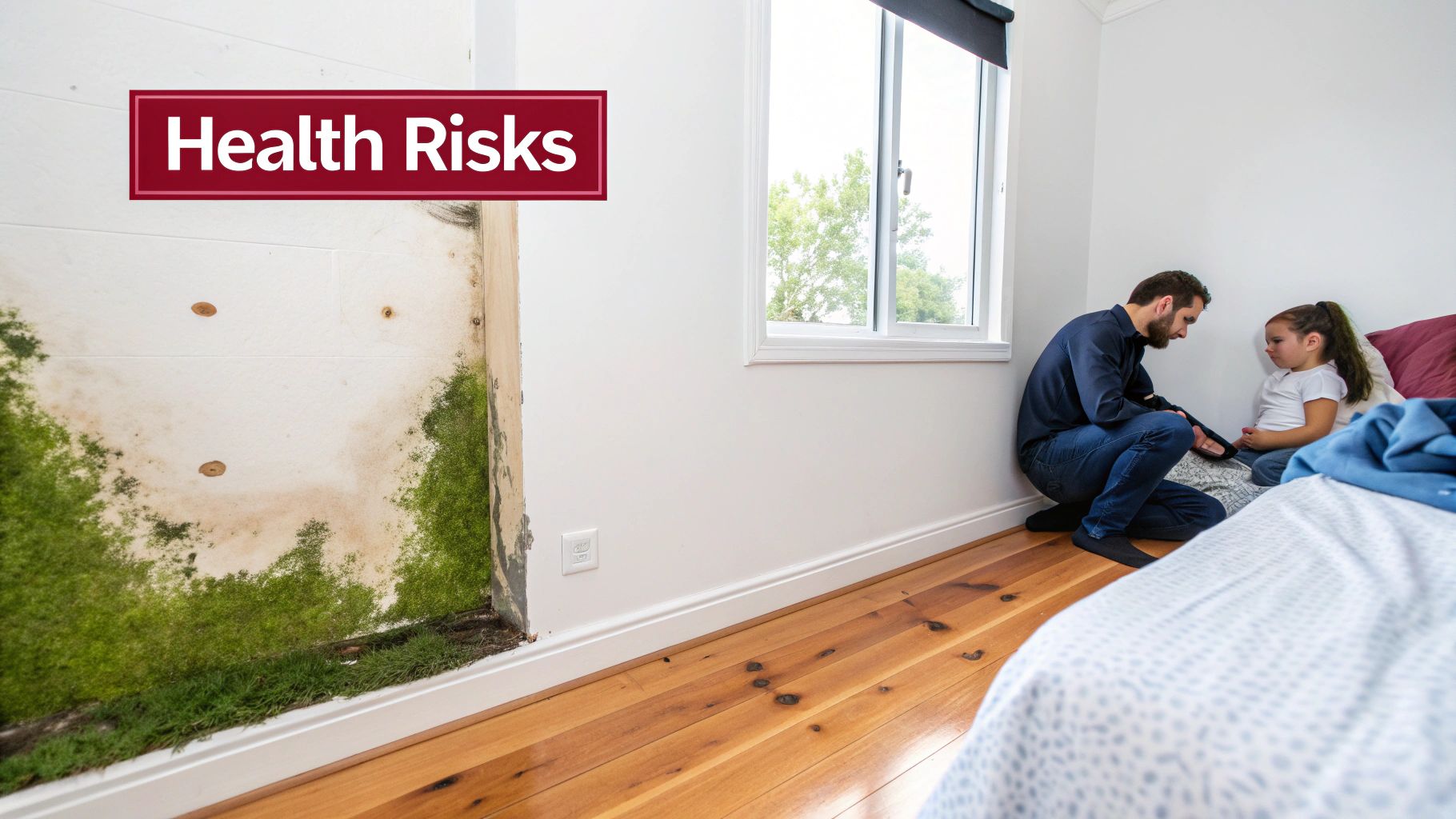 Man and girl in a room with a wall damaged by severe green mold growth, highlighting health risks.